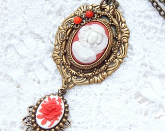 Red and White Double Cameo Pendant- Morning Glory Designs