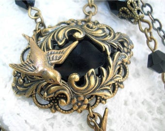 Night Flight - Jet Black Glass and Brass Sparrow Necklace and Earring Set- Morning Glory Designs