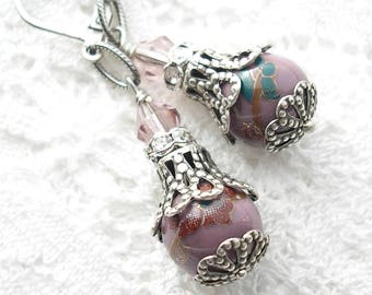 Lavender Porcelain Bead Earrings- Antiqued Silver Ox Earrings- Morning Glory Designs