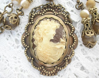 Ivory Maiden Cameo Necklace and Earring Set- Victorian Style Jewelry- Morning Glory Designs