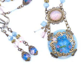 Lovebirds- Vintage Style Antiqued Brass Necklace and Earring Set- Morning Glory Designs