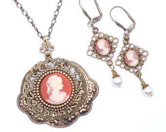 Salmon Pink Cameo Pendant and Earrings- Morning Glory Designs