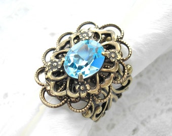 Light Sapphire Ring- Swarovski Crystal in Antiqued Brass- Morning Glory Designs