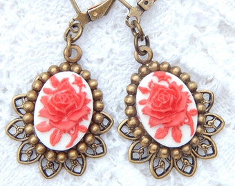 Red and White Floral Cameo Earrings- Morning Glory Designs