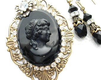 Black Cameo Brooch Pendant with Earrings- Morning Glory Designs