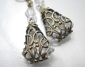 Dew Kissed Earrings- Filigree Wrapped Crystal Clear Czech Glass Jewel- Morning Glory Designs