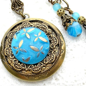 Blue Glass Button Brass Locket and Earrings- Antiqued Brass- Morning Glory Designs