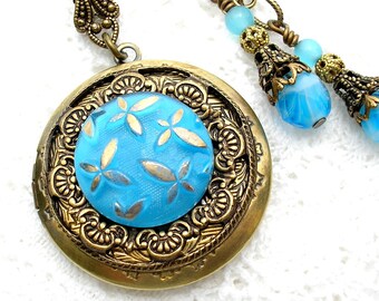 Blue Glass Button Brass Locket and Earrings- Antiqued Brass- Morning Glory Designs