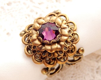 Amethyst Ring- Swarovski Crystal in Antiqued Brass- Morning Glory Designs