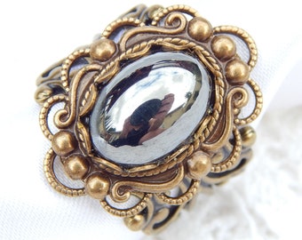 Hematite Ring- Antiqued Brass Filigree Ring- Morning Glory Designs