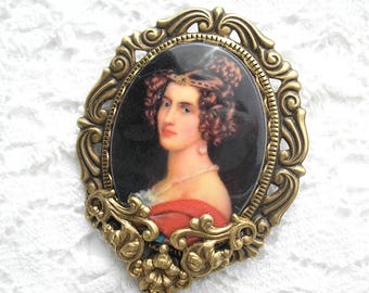 Victorian Lady Cameo Brooch with Locket and Chain- Morning Glory Designs