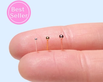 22G Tiny Ball Nose Stud Nose Bone Sterling Silver Gold Rose Gold Nose Stud Minimalist Nose Piercing L Shape Straight Post .75mm 1mm 1.5mm