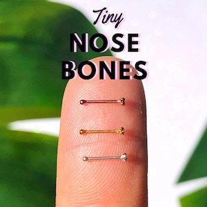 Op de afbeelding: Drie kleine neusringen op een vinger. De ringen zijn gemaakt van zilver, goud en roségoud. De tekst "Tiny Nose Bones" staat boven de ringen.
