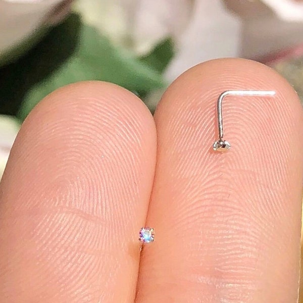 TINY Rainbow Crystal Nose Stud Crystal Nose Ring Diamond Small Nose Stud 22 Gauge 1mm Nose Stud Nose Dot L Shaped Nose Ring Silver Nose Stud