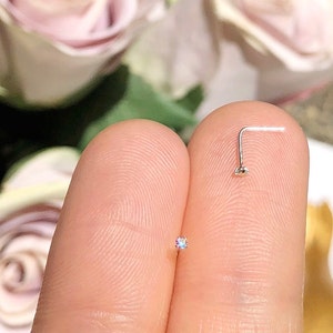 1mm Tiny Nose Stud Sterling Silver, Barely There Nose Stud, L Shaped Nose Stud, CZ Silver Nose Stud image 1