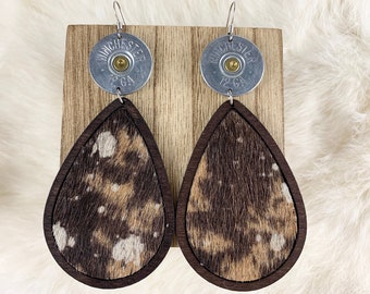 Shotgun Shell Jewelry 12 Gauge Shotgun Shell Earrings with Cowhair, Western Earrings, Bullet Earrings, Bullet Jewelry, Cowhair Earrings