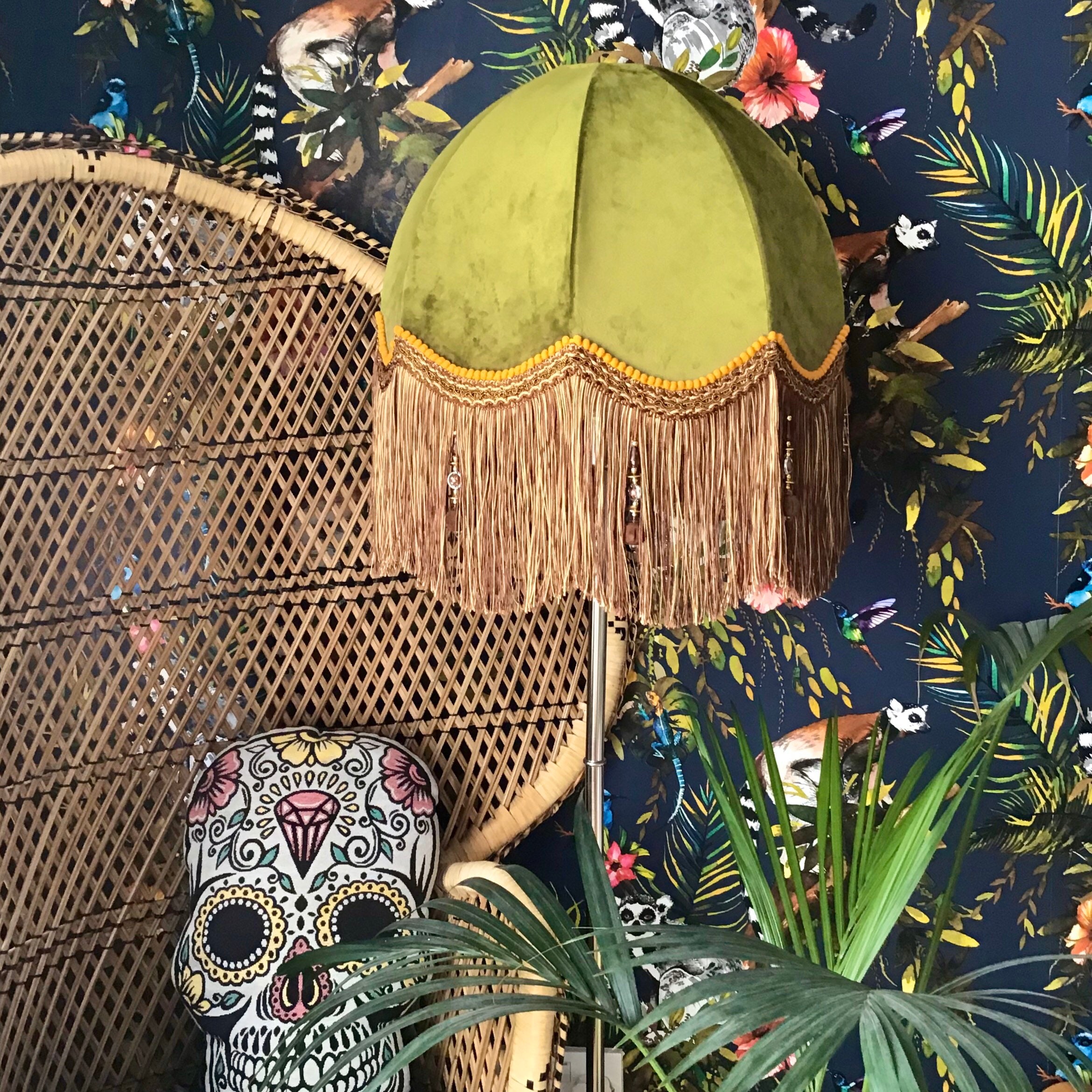 Green Velvet Lampshade with Gold Fringe