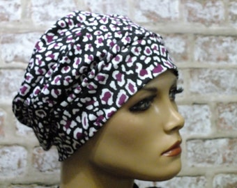 leopard, black wine, cream, jersey slouchy headwear, fully lined, for hair loss chemo, cancer (Fay)