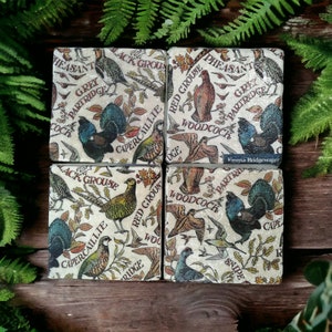 May include: Set of four square ceramic coasters featuring a repeating pattern of various birds and their names, including pheasant, grey partridge, black grouse, red grouse, capercaillie, and woodcock. The coasters are white with brown, red, and green accents. The text "Emma Bridgewater" is printed on one of the coasters.