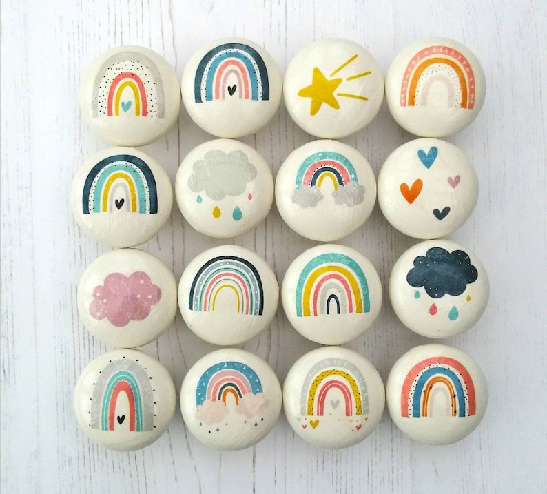 Rainbow nursery door knobs. Handmade wooden drawer knobs with screws. Boho Girls room or play room rainbow decor 40mm cupboard knobs.