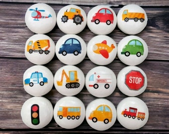 Kids Vehicle drawer knobs. 40mm white wooden door handles with many transport/vehicle designs. Boys nursery furniture knobs, sold separately