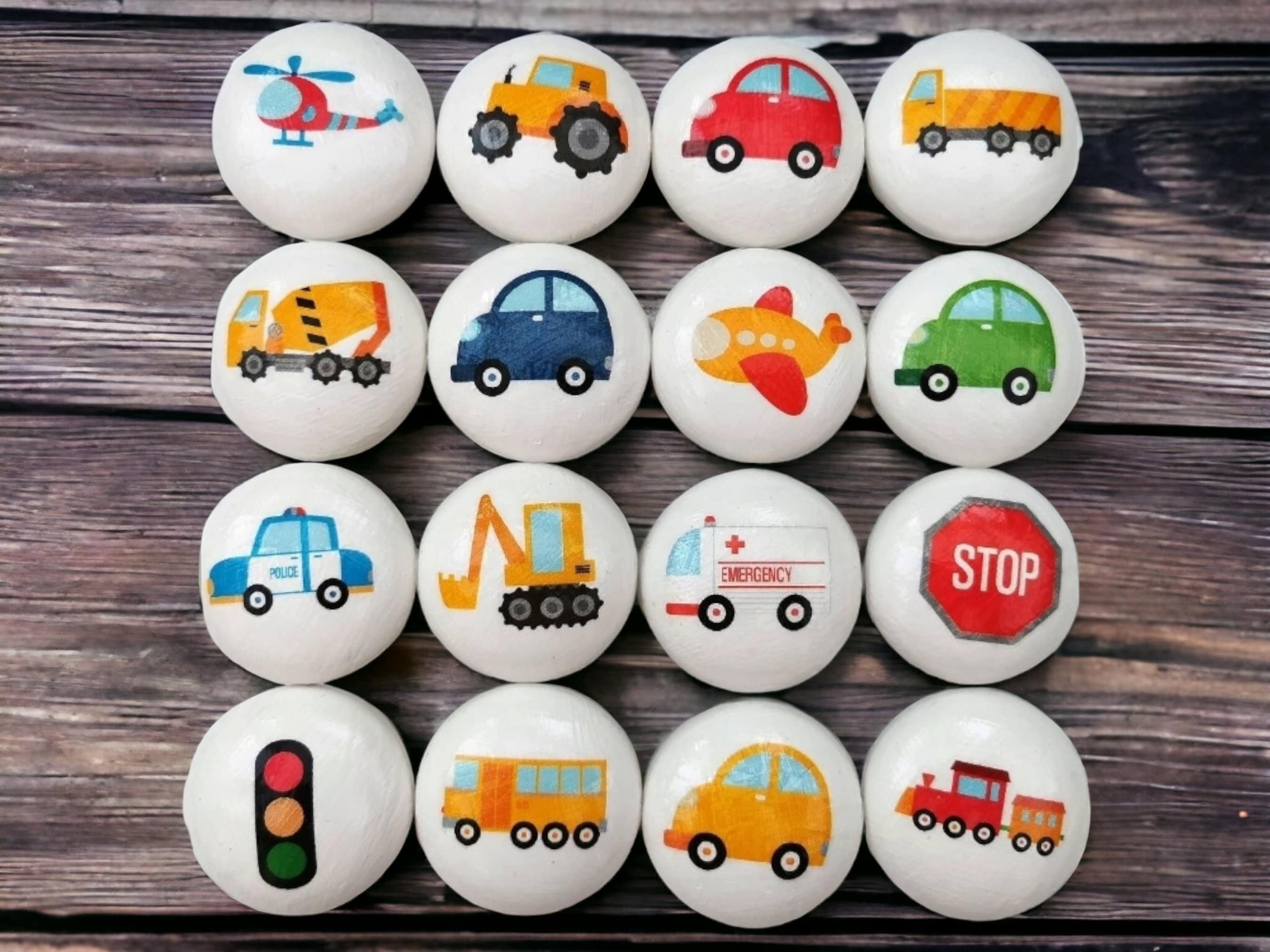 Colourful Vehicles Wooden Drawer Knobs: Kids Transport Themed Bedroom