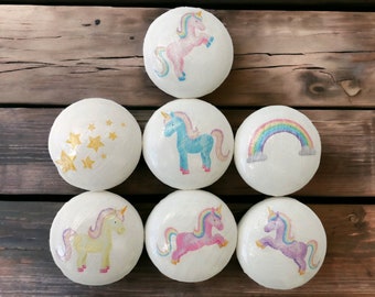 Pastel unicorn drawer knobs. 40mm handmade door handles with pastel unicorn, rainbow and star designs for Girls nursery or bedroom.