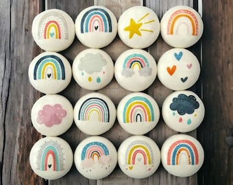 Pastel Rainbow wooden Nursery drawer Knobs: Boho Kids Furniture Handles with cute and colourful rainbows and stars designs.