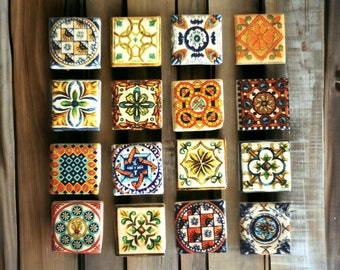 Set of 10 mixed Moroccan decor, small, square fridge magnets.  Ceramic memo board magnets with colourful morroco patterns and strong magnets