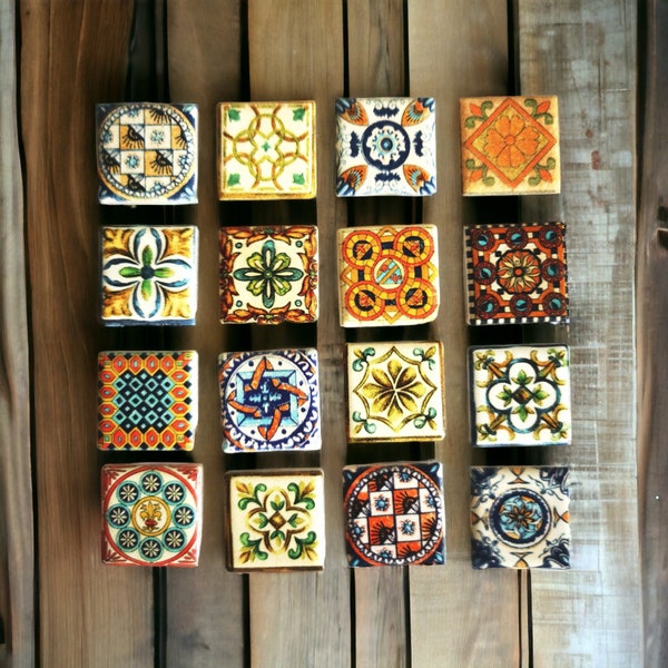 Set of 10 mixed Moroccan decor, small, square fridge magnets.  Ceramic memo board magnets with colourful morroco patterns and strong magnets