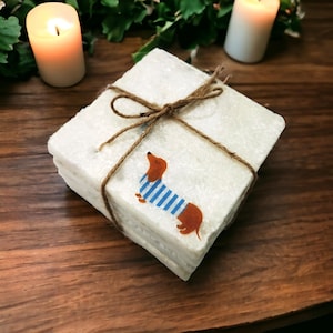 Blue dachshund dog coasters set. Set of 4 heavy marble tile coasters with cartoon dog design. Cute sausage dog gift for dog walker or owner.