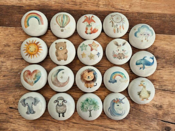 Handmade Boho Nursery Drawer Knobs: Pastel Animal & Rainbow Designs