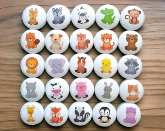 May include: Twenty-four round white buttons with colorful cartoon animal illustrations. The animals include a deer, wolf, zebra, alligator, monkey, squirrel, dog, fox, tiger, bear, lion, elephant, horse, duck, raccoon, rhino, cow, pig, rabbit, cat, giraffe, fox, skunk, penguin, and hippopotamus.