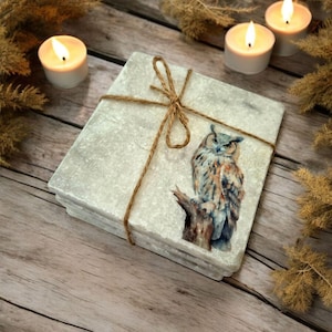 May include: Set of four white marble coasters with a brown owl illustration on one coaster. The coasters are tied together with twine.