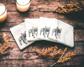 French bulldog stone coasters set. Chunky marble coasters with hand stamped cute frenchie design. Rustic coasters with French bulldogs.