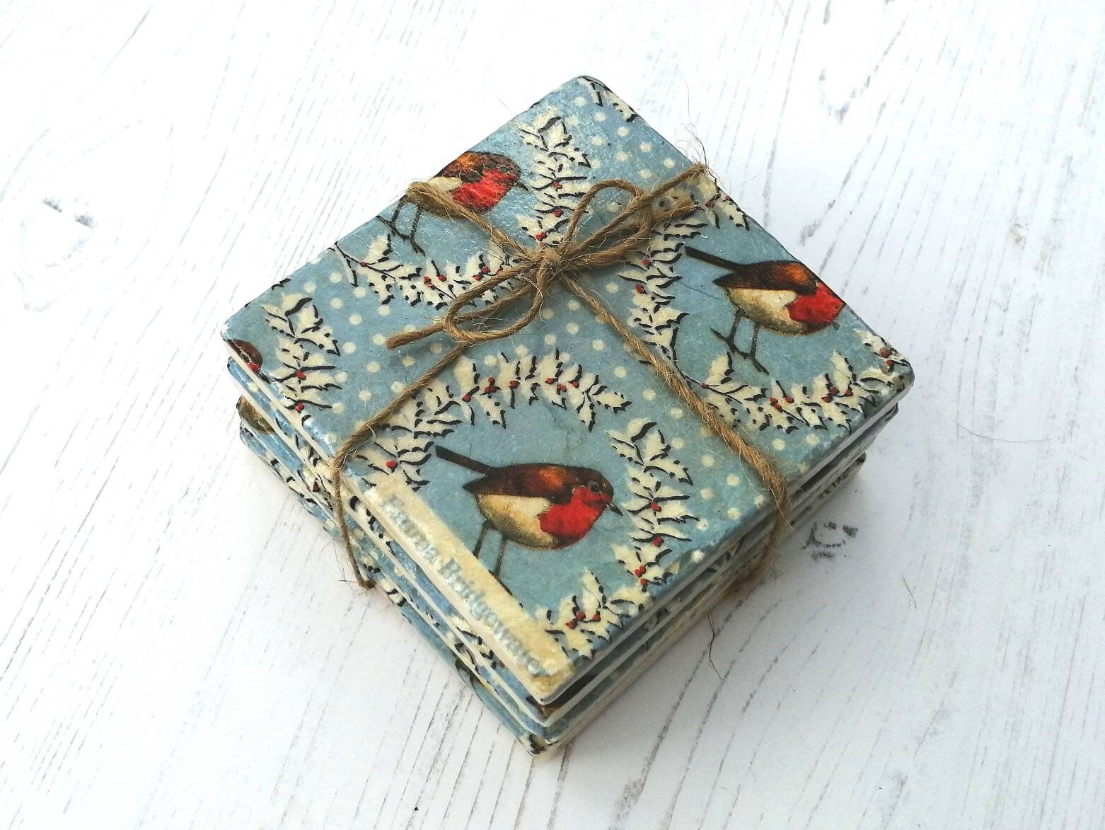 Robin Christmas coasters set. Set of 4 coasters made of Etsy