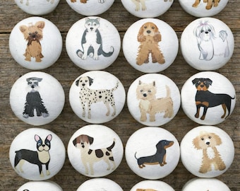 Dog door knobs, handmade 40mm wooden drawer knobs with lots of cute dog breeds designs. Dog home decor door handles for dog lovers gift.