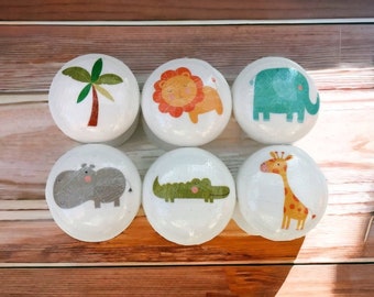 Jungle Animal Drawer Knobs: handmade cute Safari Nursery Decor wooden door handles with bright, colourful animal designs.
