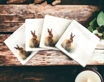 Rustic Hare Tumbled Marble Coasters - Country farmhouse Decor Set of 4 stone coasters with beautiful hare design.