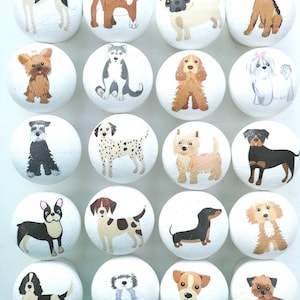 Dog door knobs, handmade 40mm wooden drawer knobs with lots of cute dog breeds designs. Dog home decor door handles for dog lovers gift.