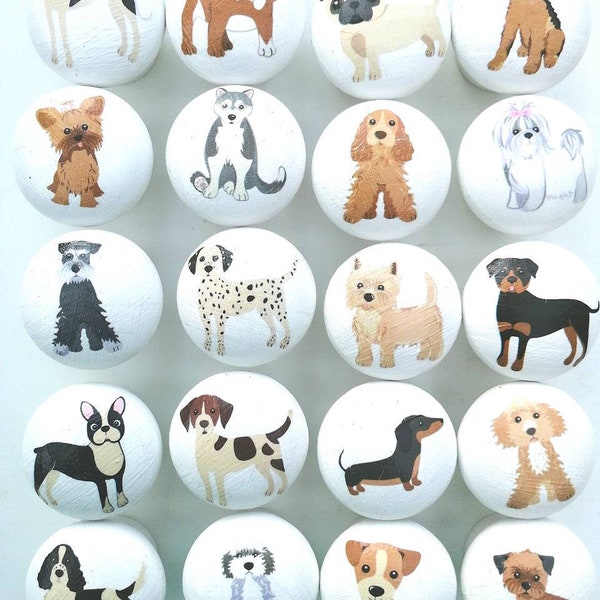 Dog door knobs, handmade 40mm wooden drawer knobs with cute dog breeds designs. Dog home decor door handles for dog lovers.