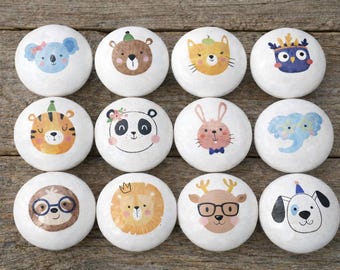 Cute, quirky 40mm wooden animal drawer knobs. Colourful, funny animal faces, decorative door knobs for children's bedroom or nursery.