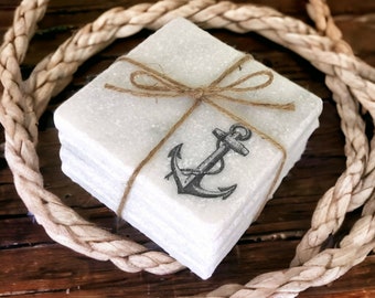 Anchor Stone Coasters: Rustic Marble Coastal Decor, Set of 4 hand stamped anchor coasters with fisherman aesthetic. Nautical gift.