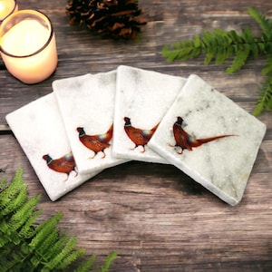 Pheasant Coasters Set: Handmade Marble Stone coasters with a British Bird Design. rustic country farmhouse decor pheasant coasters.