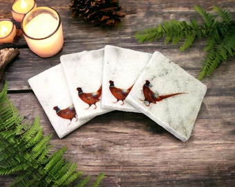 Pheasant Coasters Set: Handmade Marble Stone coasters with a British Bird Design. rustic country farmhouse decor pheasant coasters.