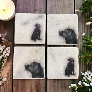 Black labrador coasters set. Cute marble coasters with 2 labrador face and 2 sitting lab designs in each set. Perfect black lab decor gift.