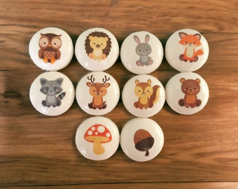 Drawer knobs with cute woodland animal designs. 41mm decorative wooden door handles for childrens room, play room or nursery furniture .