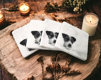 Jack Russell terrier stone coasters set. Set of 4 rustic marble coasters with a hand stamped cute dog design. Gift for dog lovers and owners