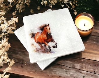 Horse Stone Coasters: Rustic chunky marble coasters with galloping horse design. Equestrian horse lover gift, country table setting.