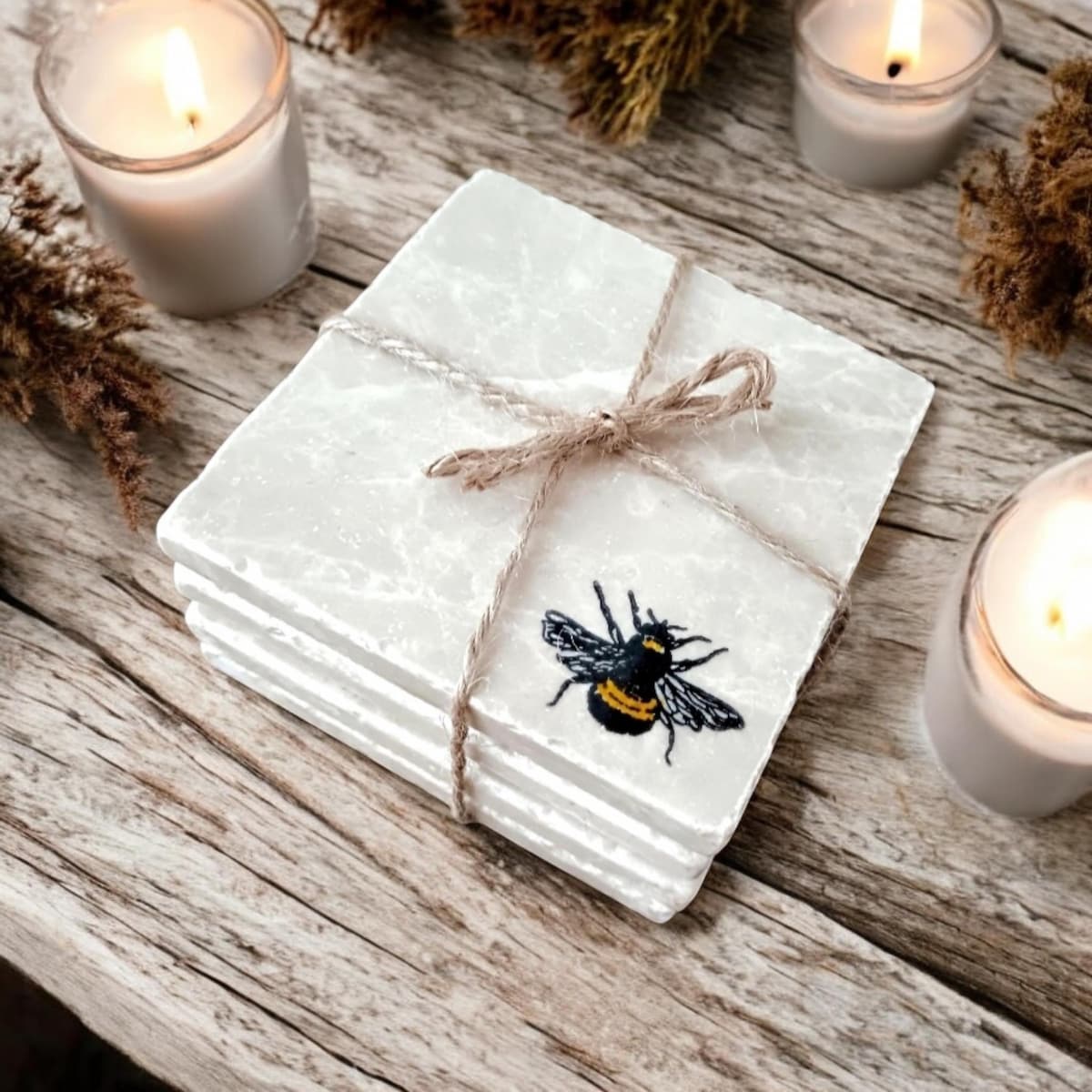 Bee Stone Coasters Set. Set of 4 Hand Stamped Rustic Coasters With Black and Yellow Bee Decor. Marble Coasters Set Perfect Beekeeping Gift. - Etsy